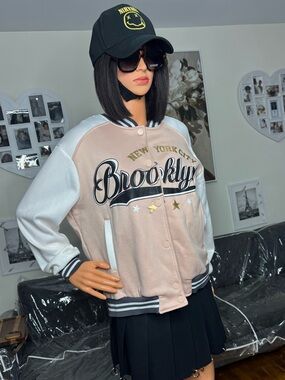 Brooklyn Embroidered Varsity Jacket - Pink & White